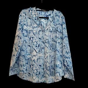 Calvin Klein Blue and White Snakeskin Pattern Crew Neck Roll Tab Sleeve Blouse